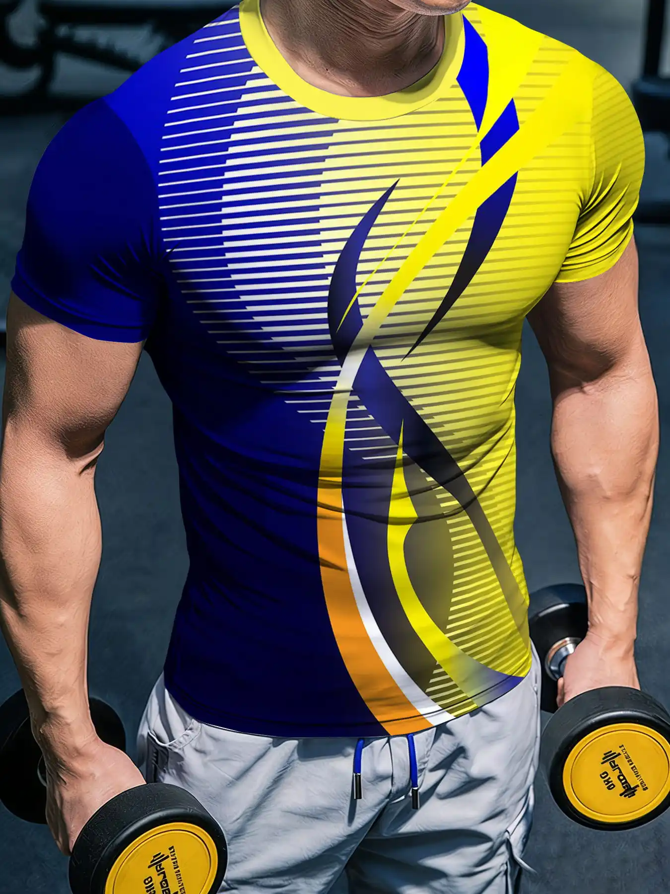 Men Gradient Line Print Compression T-shirt High Elastic Quick Dry Sports Gym Training Short Sleeve Workout Top