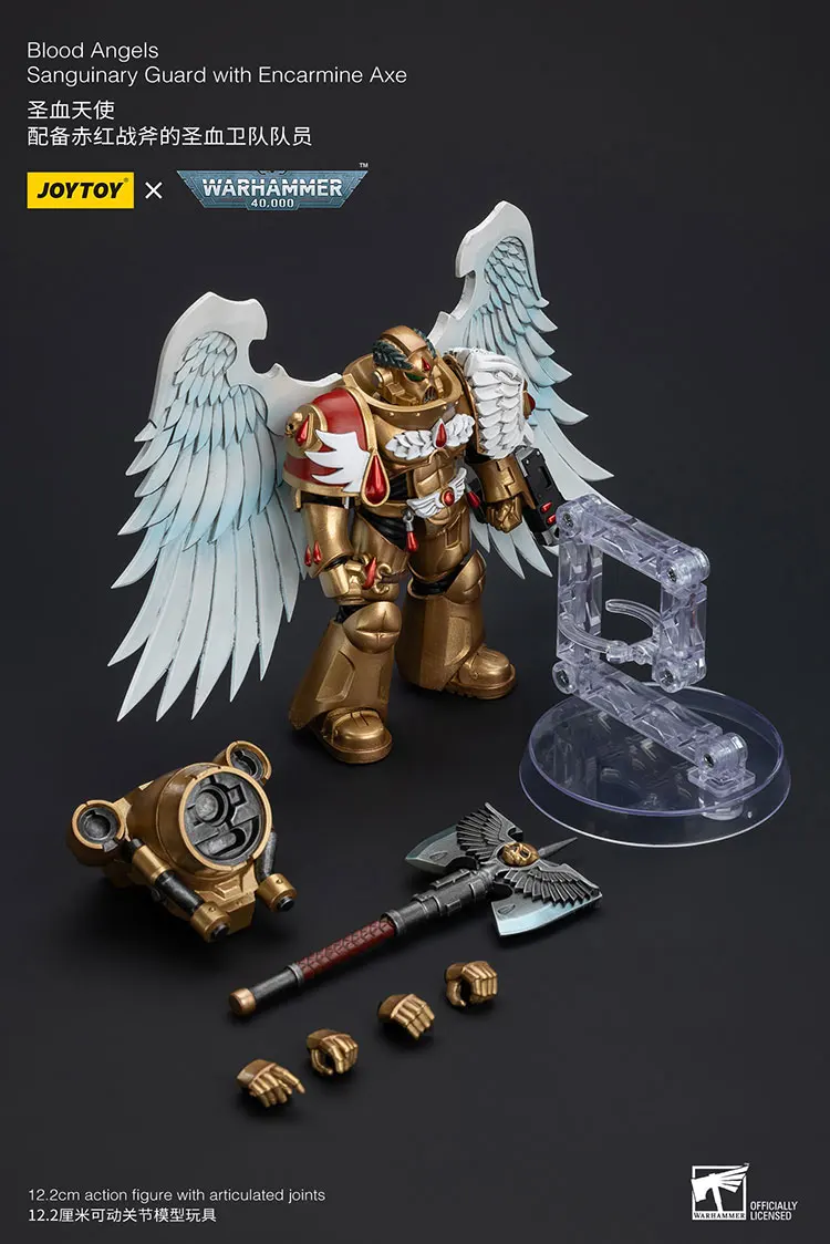 JOYTOY Warhammer 40K บลัดแองเจิลส์ ซันกัวร์นารี การ์ด พร้อมขวานเอนคาร์ไมน์ ฟิกเกอร์แอคชั่น ของสะสม ตุ๊กตา ของเล่นตกแต่ง