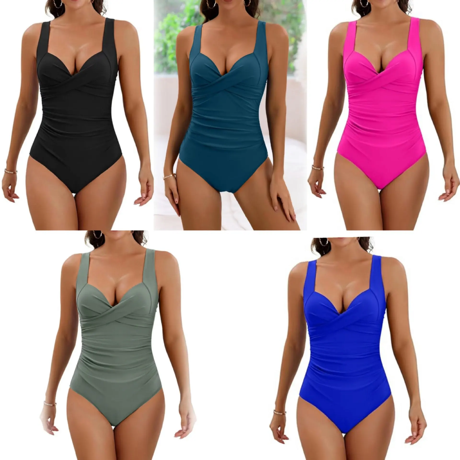 

2024 New Plain Ruched Swimsuit Women One Piece Solid Swimwear Female Beachwear Bathers Bathing Swimming Swim Bodysuit Summer