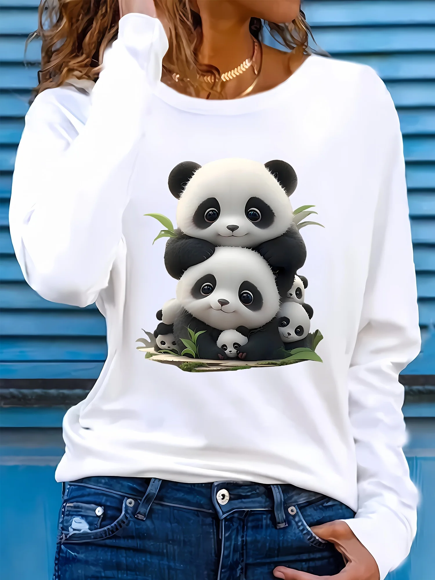 Spring/Autumn Women'S Casual Long Sleeve T-Shirt, Cute Panda Print Pattern, Round Neck T-Shirt Women'S Clothing