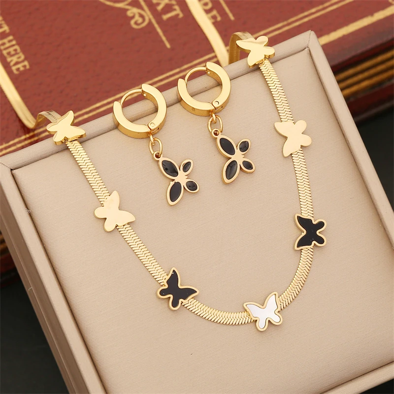 316L Stainless Steel New Fashion Fine Jewelry Set Natural Seashells Butterfly Charm Chain Necklaces Bracelets Earrings For Women