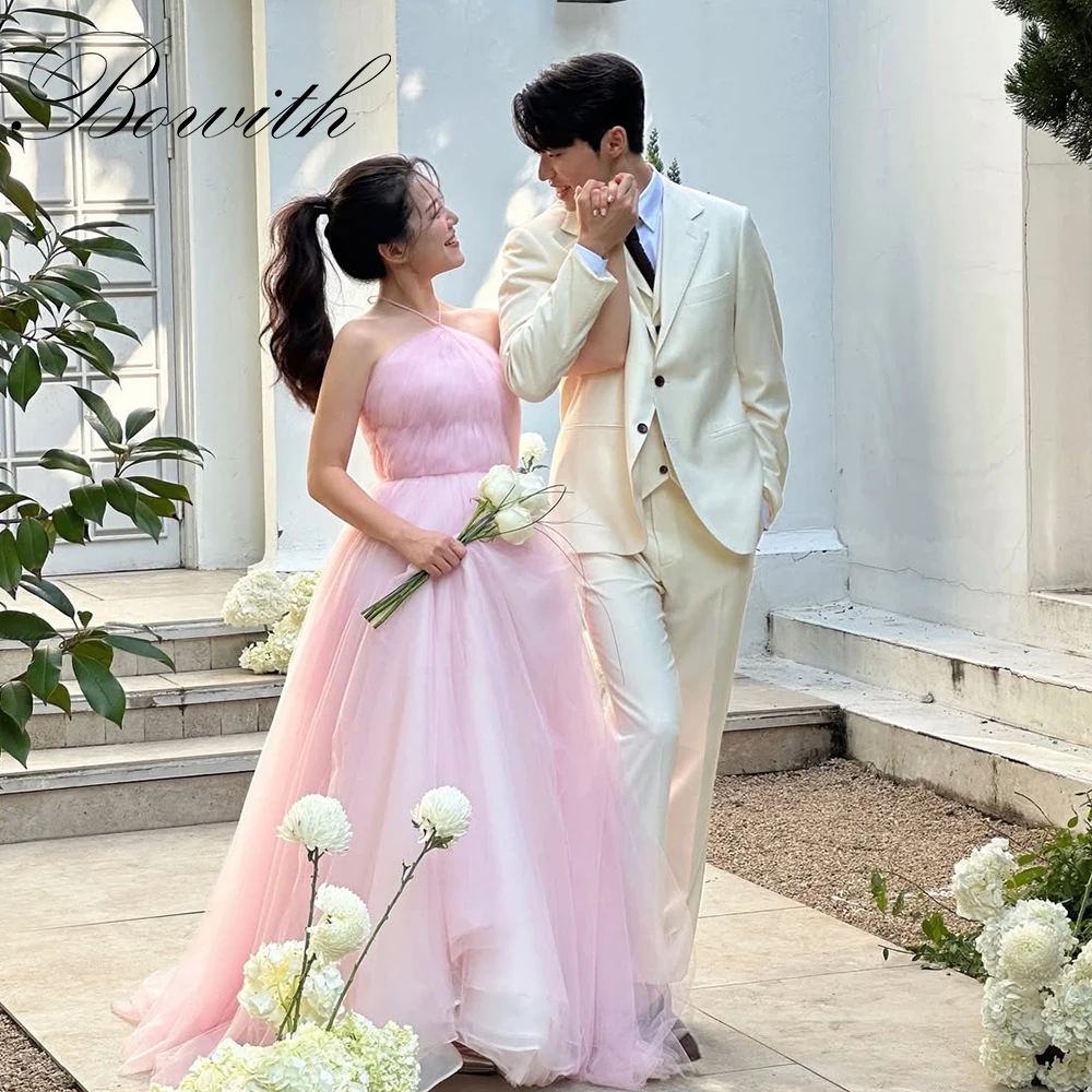 

Bowith Halter Pink Soft Tulle A Line Evening Dresses Korea Princess Prom Gowns Formal Occasion Dress Wedding Reception Dresses