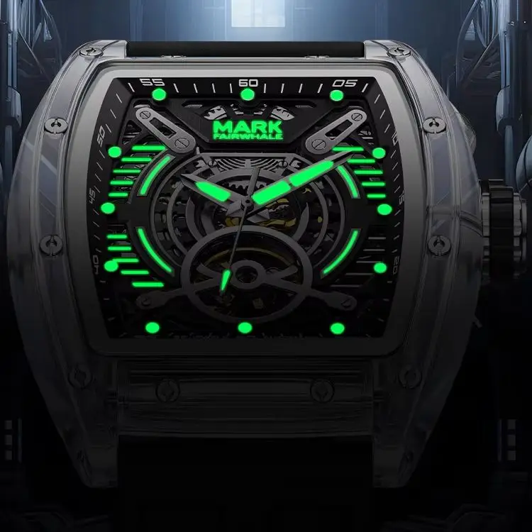 

Мужские автоматические часы Mark Fairwhale, 46 мм, механические наручные часы Tonneau, акриловый корпус, светящийся циферблат-скелетон