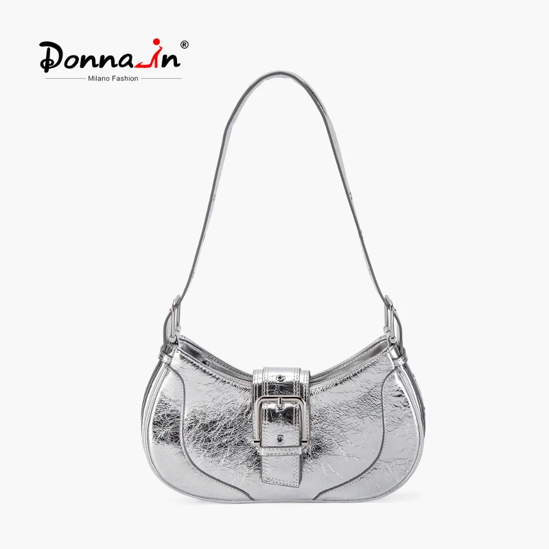 Donna-in Silver Genuine Leather Hobos Women Underarm Shoulder Crossbody Bag Metal Fashion y2k Ladies Handbag Adjustable Designer