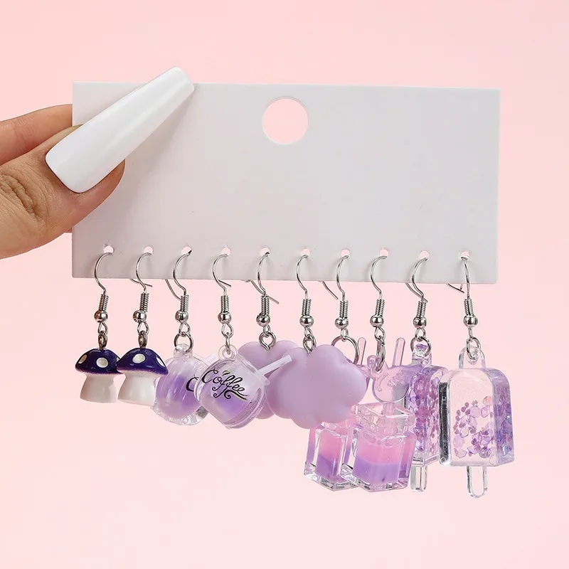 New Fashionable Earrings with Fresh and Sweet Resin Simulation Flowers, Star Shaped Lollipops, Wine Bottle Earrings Set