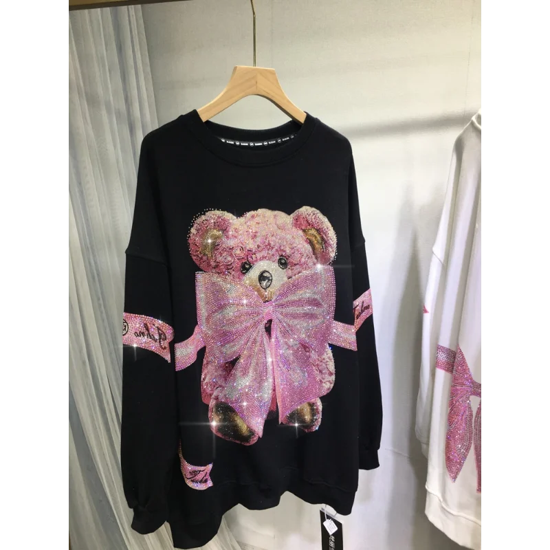 Plus Size Sweatshirt Kawaii Bear Bow Tie Diamonds Stamping Sweet Cute Casual All-match Women\'s Sweatshirt Autumn Winter New Tops