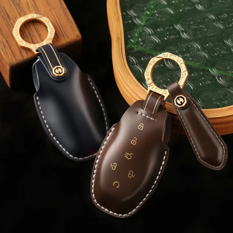 

High-End Personality Genuine Leather Key Case Cover Protective Shell Bag Keychain For DENZA D9 DM-i 2025 Car Accessories