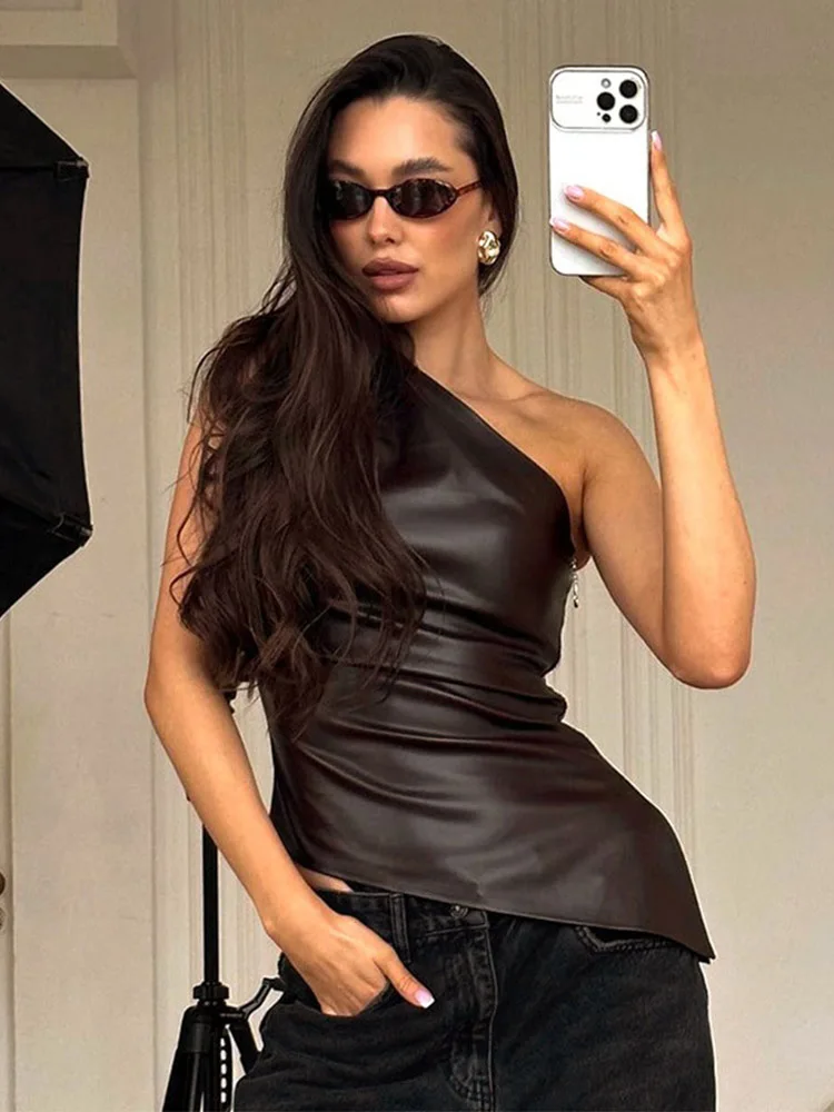 2025 Fall Snd New Pure Color Slim Sleeveless One-Shoulder Slanting Collar Zipper Show Thin Jacket