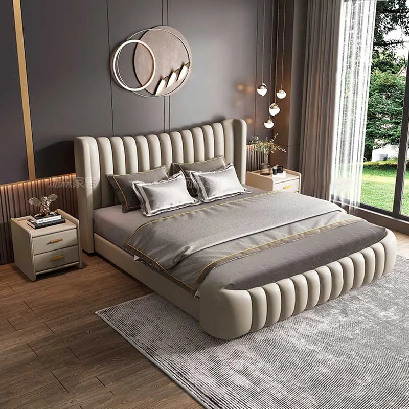 

Queen Size Double Bed Waterproof Villa Leather Luxury Headboard Twin Bed Frame Platform Sleeping Camas De Casal Home Furnitures