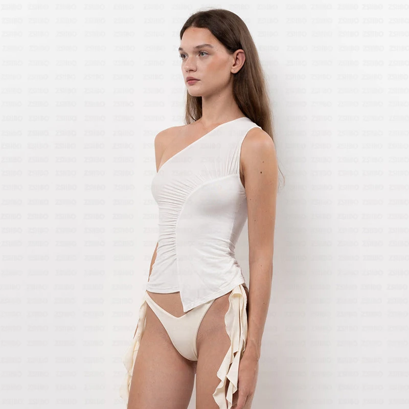 경사진 어깨 칼라 불규칙한 주름 탱크 탑 Y2K 여름 우아한 오프 숄더 솔리드 컬러 민소매 슬림 기질 조끼