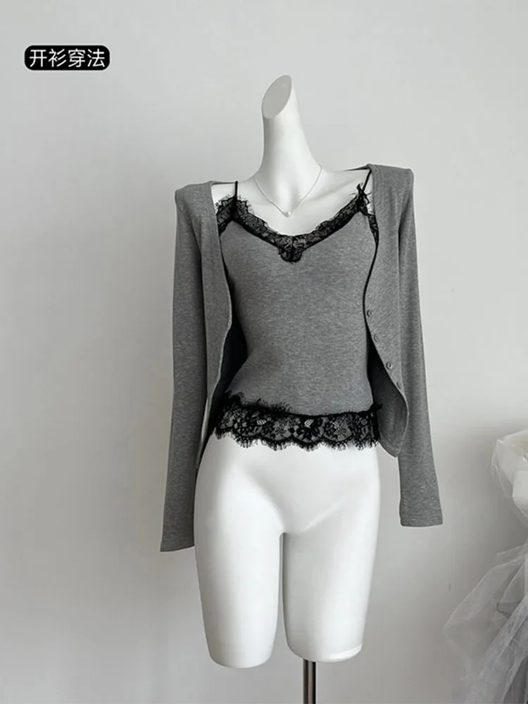 2000s Aesthetic Outfits 2 Piece Set Gyaru Off Shoulder Lace Camisole Clubwear + Grey Chic Cardigan Fashion Coquette Hight Street