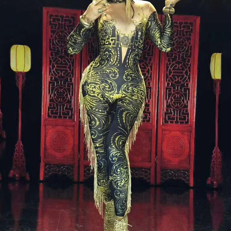 Birthday Female Singer DS Show Nightclub Prom Stage Wear Sexy Printed Tassel Leggings Jumpsuit Rhinestones Women Skinny Bodysuit