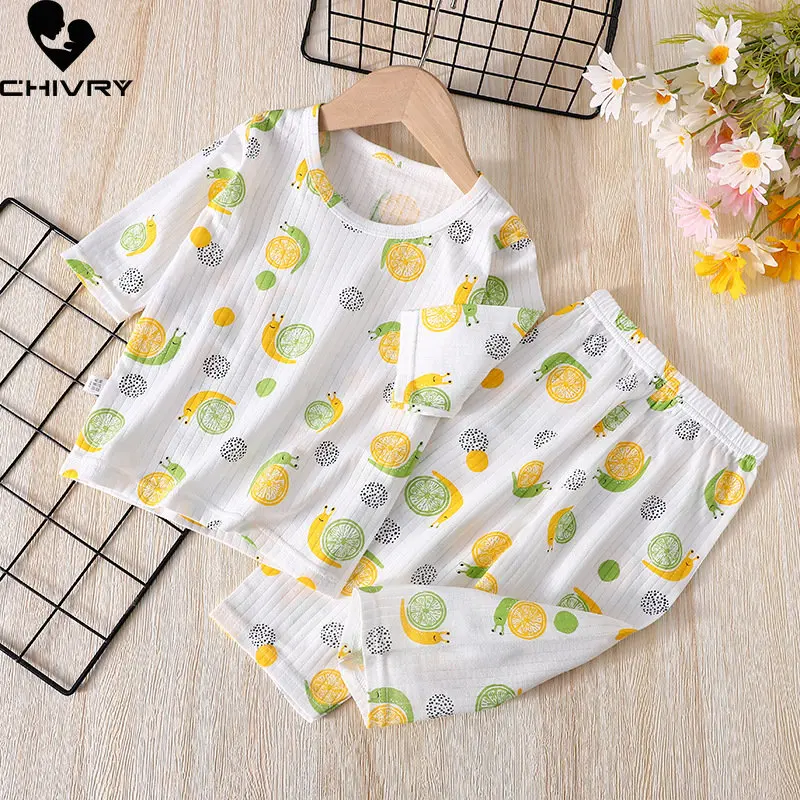 Pijamas finos y suaves para niños y niñas, con dibujos animados de tres cuartos Camiseta de manga, Tops con pantalones, ropa de dormir para bebés, ropa de estar por casa, 2023