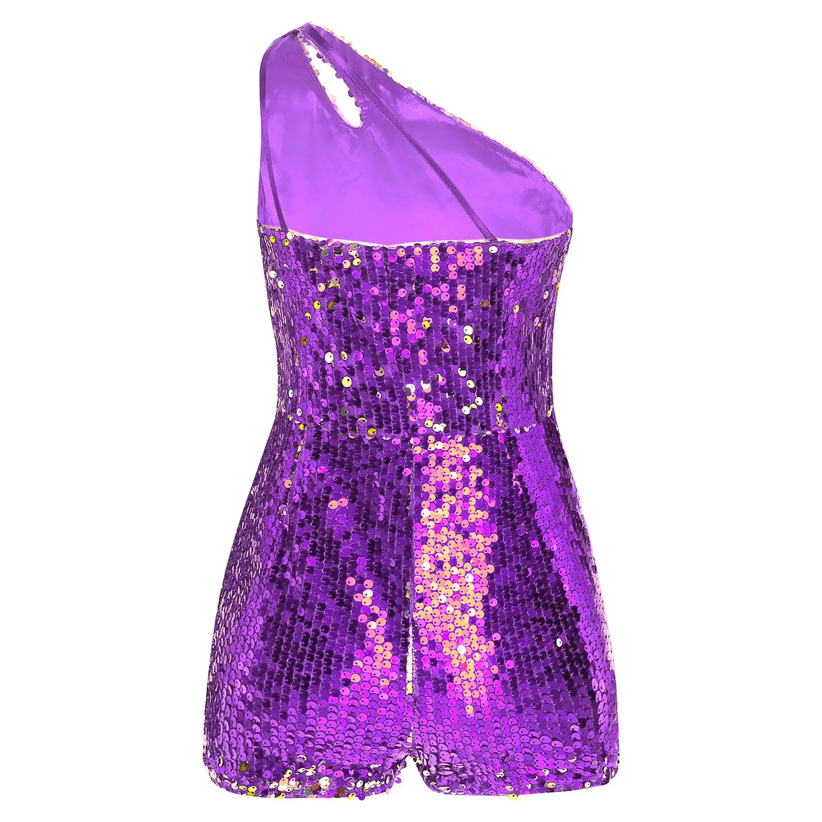 Kids Girls Sequins Party Rompers One Shoulder Sleeveless Short Jumpsuit for Birthday Wedding Evening Ball Jazz Cha-Cha Dance