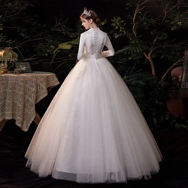 Abito da sposa invernale 2022 scollo a V a maniche lunghe bianco ispessito caldo cielo stellato abiti da ballo da sposa autunnali da sogno Vestido De Noiva