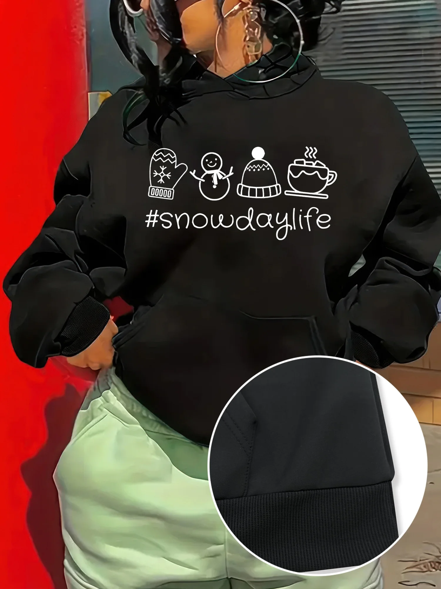 

Cozy Snow Day Life Letter Print Hoodie - Casual Polyester Pullover with Kangaroo Pocket, Machine Washable - Women's Fashion