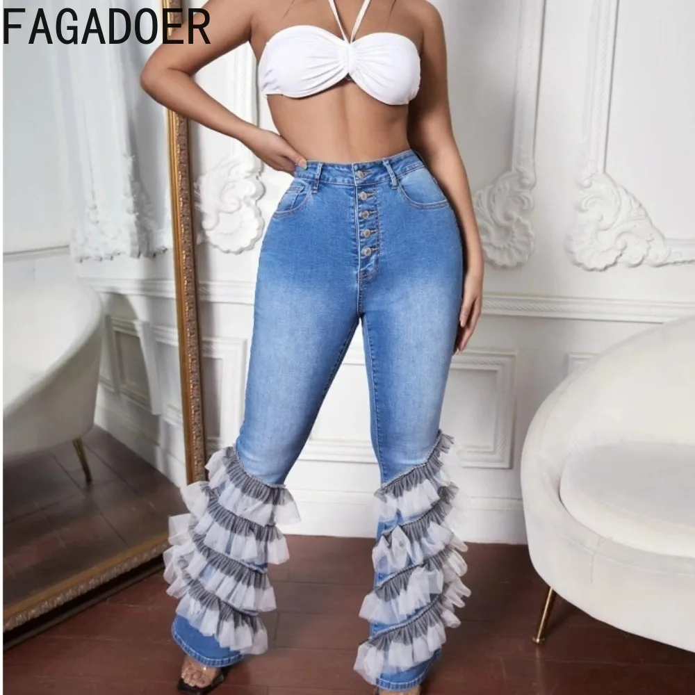 

FAGADOER High Waist Flare Jeans 2024 Fashion Chic Denim Pants Women Lace Ruffles Patchwork Trousers Female Stretchy Jean Pants