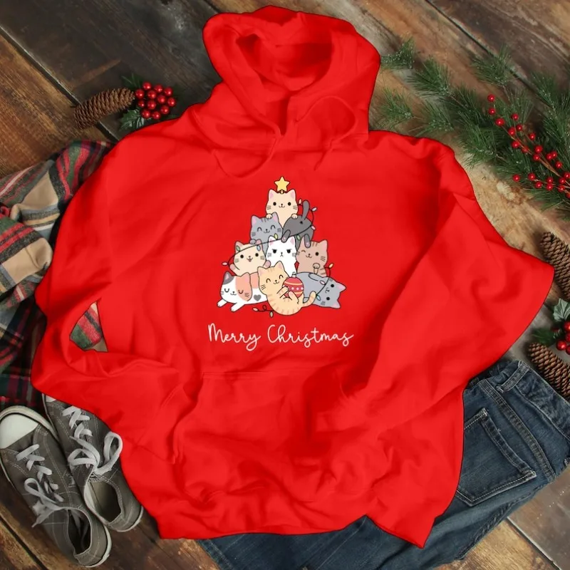 猫のクリスマスツリーパーカー、かわいい猫好きへのギフト、面白い猫ママスウェットシャツ、ニャーっとするクリスマスホリデーアパレルジャンパートップス