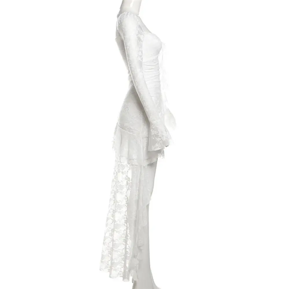 Elegant Mesh Flower Lace Tassel Dress Transparent Ruffled Edge Full Skirt Spicy Girl Style A-line Lace Dress Women Summer
