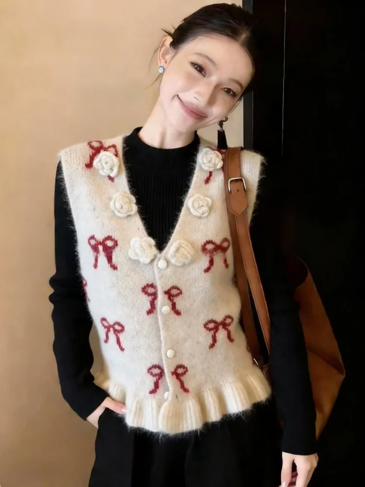 

Autumn Winter Knitted V-neck Sweater Vest Women's Fashion Knot 3D Flower Design Self-kept Style Commute Silk Top