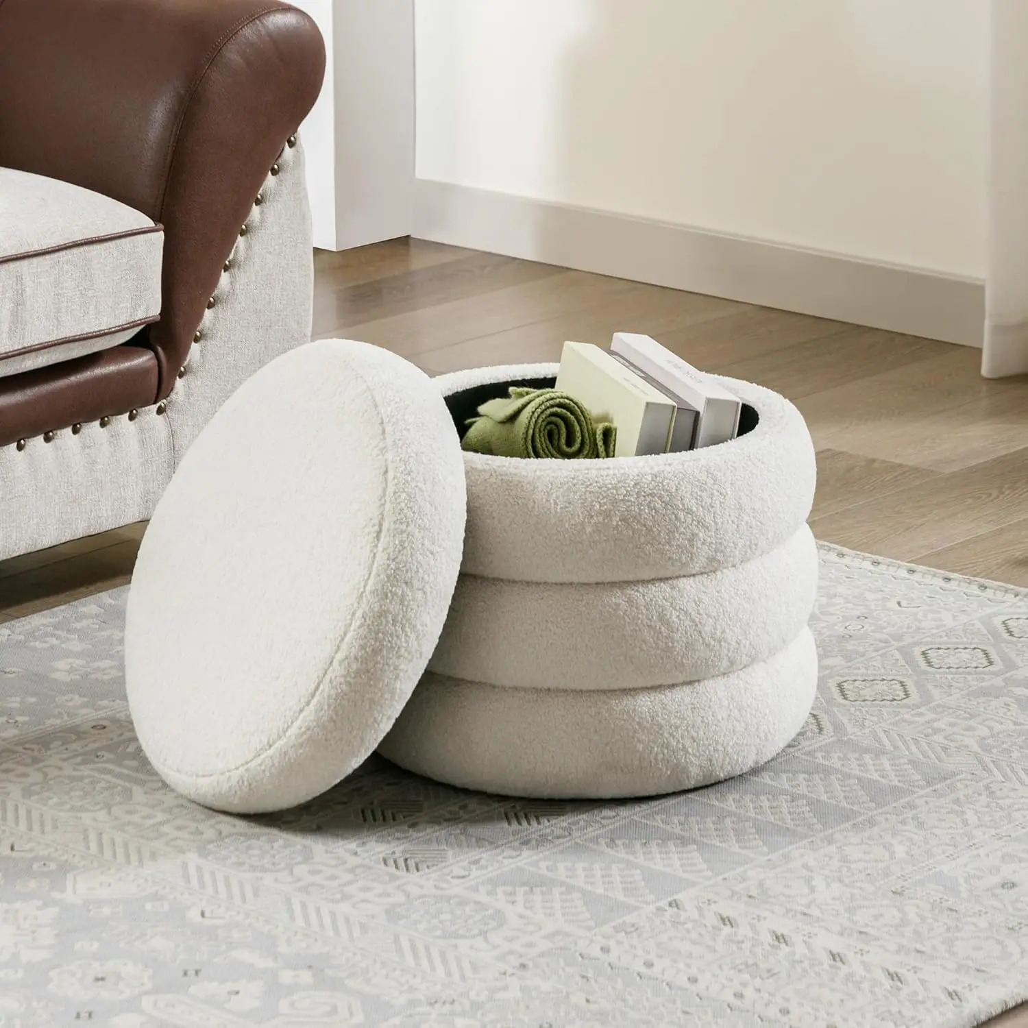 Storage Ottoman Round, Ottoman with Storage, Sherpa Ottoman Storage, 18 Inches H, 20 Inches D, Set of 1, Off-White