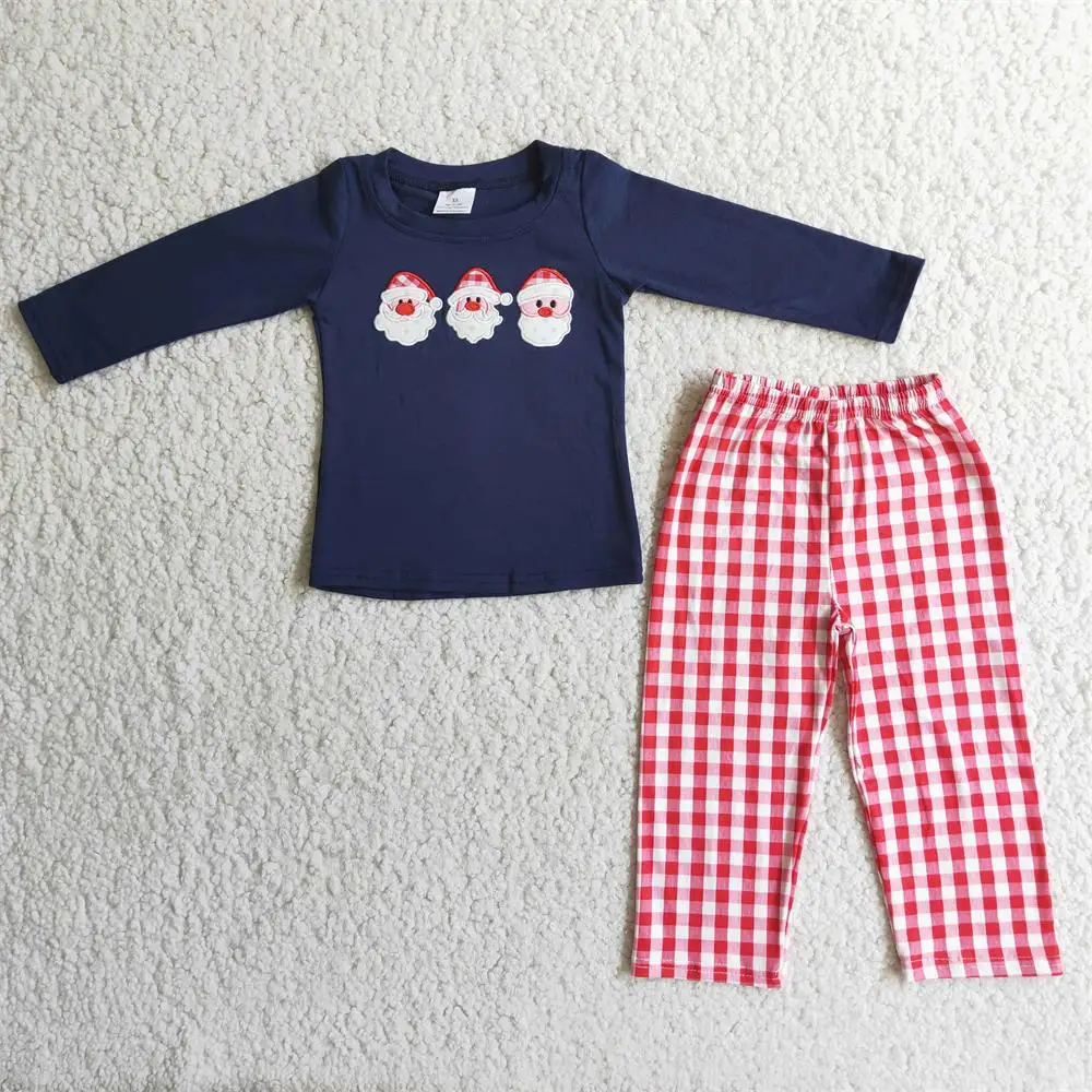 Wholesale Children Embroidery Sets Long Sleeves Tops Pants Boy Girl Plaid Sleepwear Pajamas Kids Toddler Christmas Santa Outfit