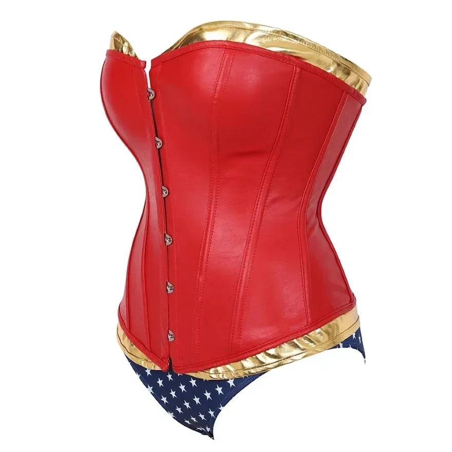 Women Fashion Corset Sexy Leather Overbust Bustier Steampunk Woman Red Faux Leather Up Corset Burlesque Costume Plus Size