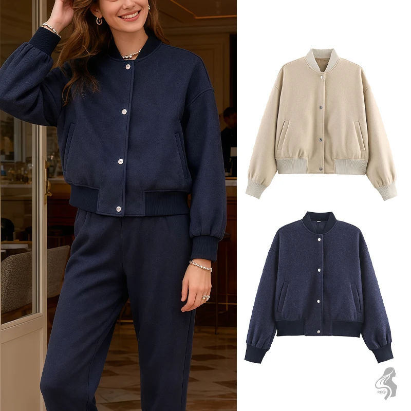 

Woman Clothes Tops Single Breasted Baseball Collar Woolen Jacket For Women Ribbed Edges Loose Short Style Casual Commuter Jacket