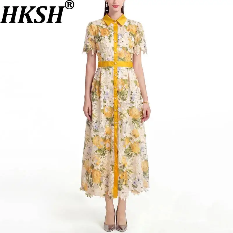 

Женское повседневное платье HKSH для отпуска, длинное, с кружевными вставками, принтом, отложным воротником, на пуговицах, с короткими рукавами, шикарное, HK22734