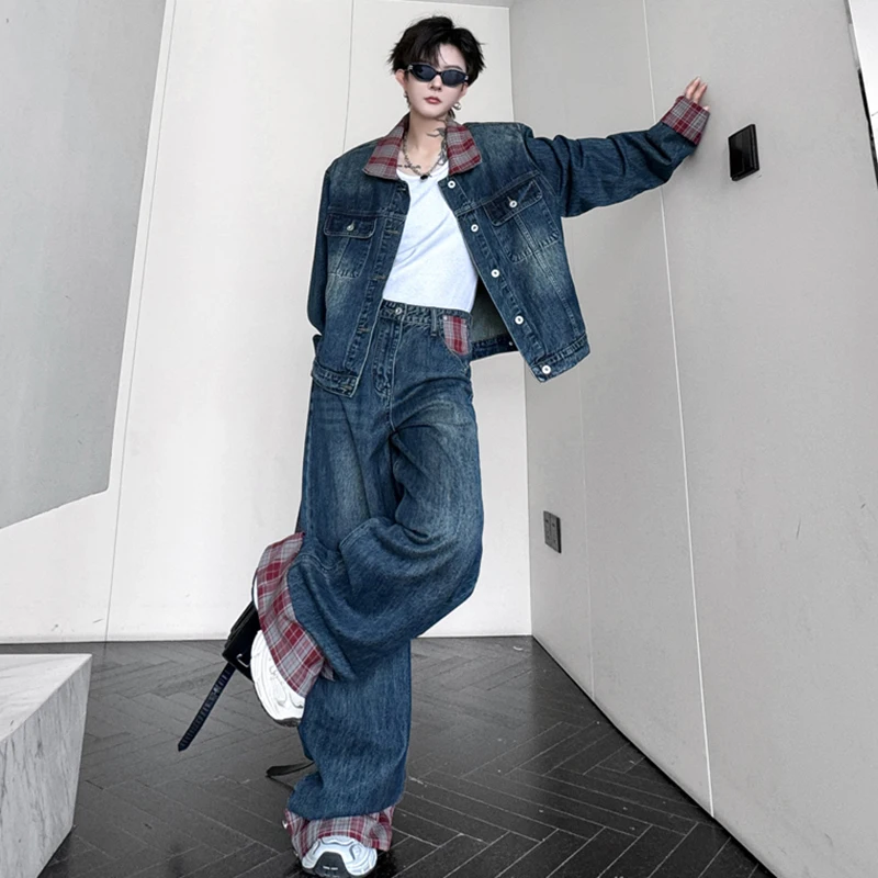 LUZHEN Denim Jacket Patchwork Design Autumn New Streetwear Male Two-piece Sets Casual Vintage Youth Washed Straight Jeans LZ7557