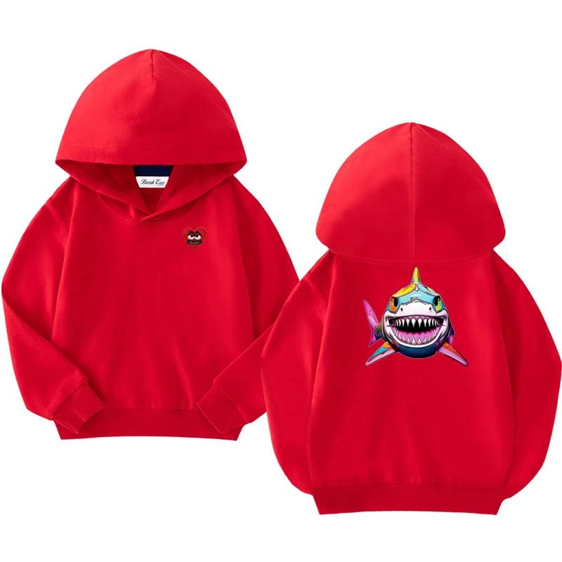 Shark Printing Boy Girl Hoodie Cotton Cute Red Snag Heart Embroidery Thin Pullover Loose Autumn Kid Casual Hoody