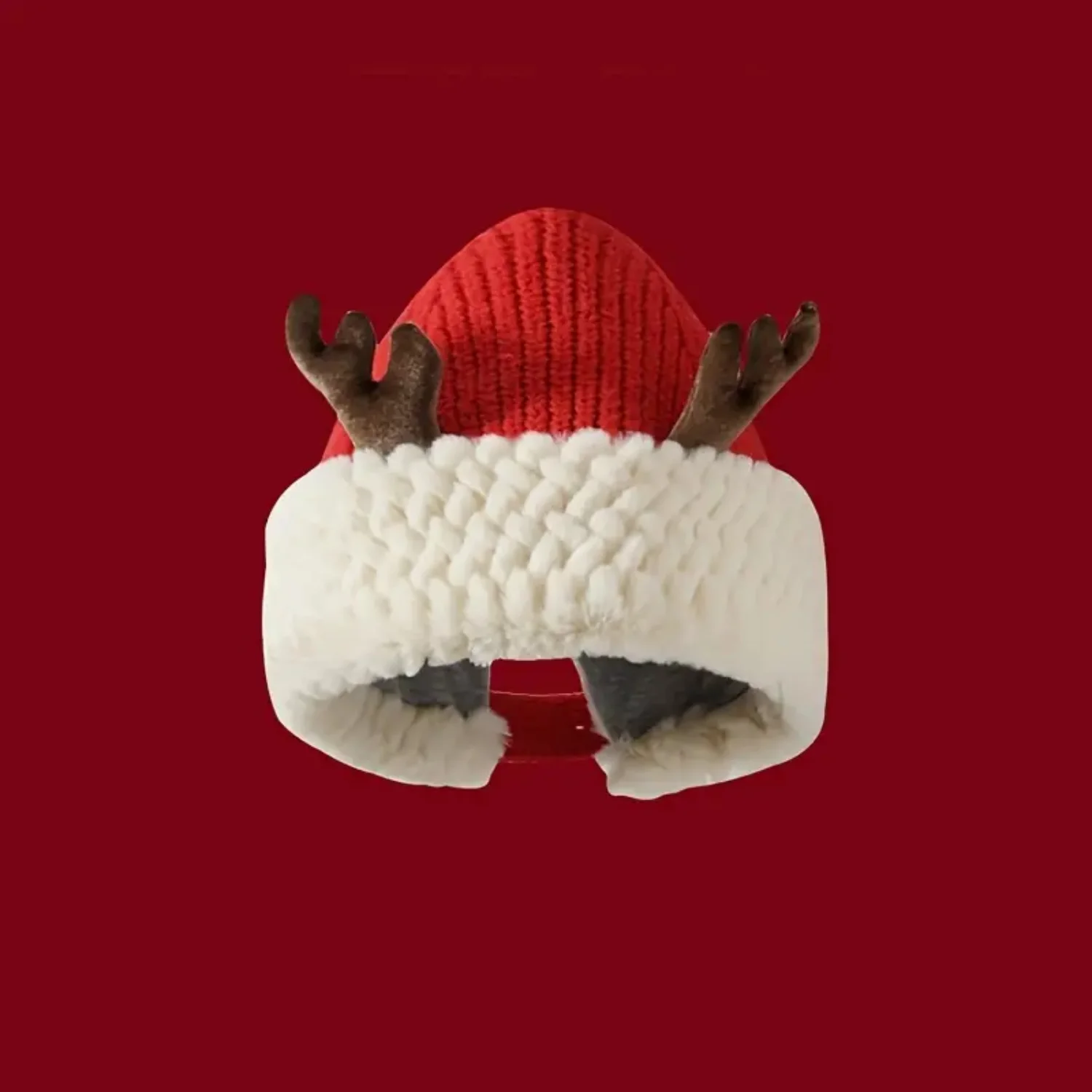 

Рождественский подарок Шапка-бини с оленями - женская зимняя теплая милая красная плюшевая шапка с льняным галстуком, вязаная шапка с хвостиком для дополнительного стиля