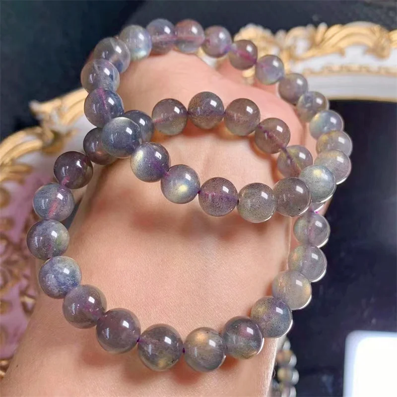 9MM Natural Purple Labradorite Bracelet Women Round Energy Beads Lucky Elastic Healing Bangles