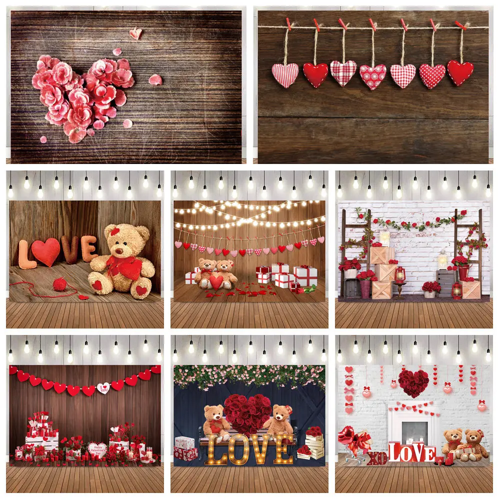 

Фон для фотосъемки ко Дню святого Валентина, сердце, роза, игрушка, медведь, деревянный пол, предложение, помолвка, свадебный декор, фотофон