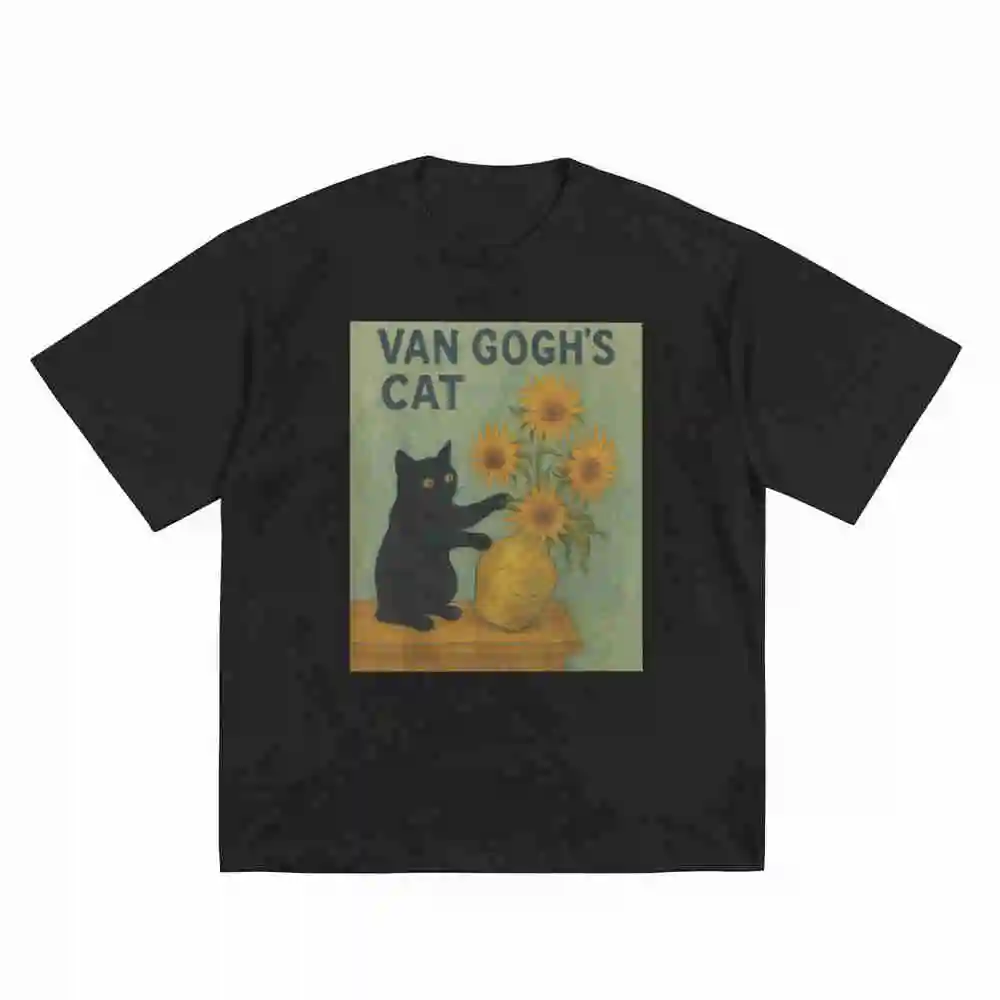 Sunflower Cat Mischief Van Gogh Painting Short Sleeve Tee 100% Cotton T-Shirt