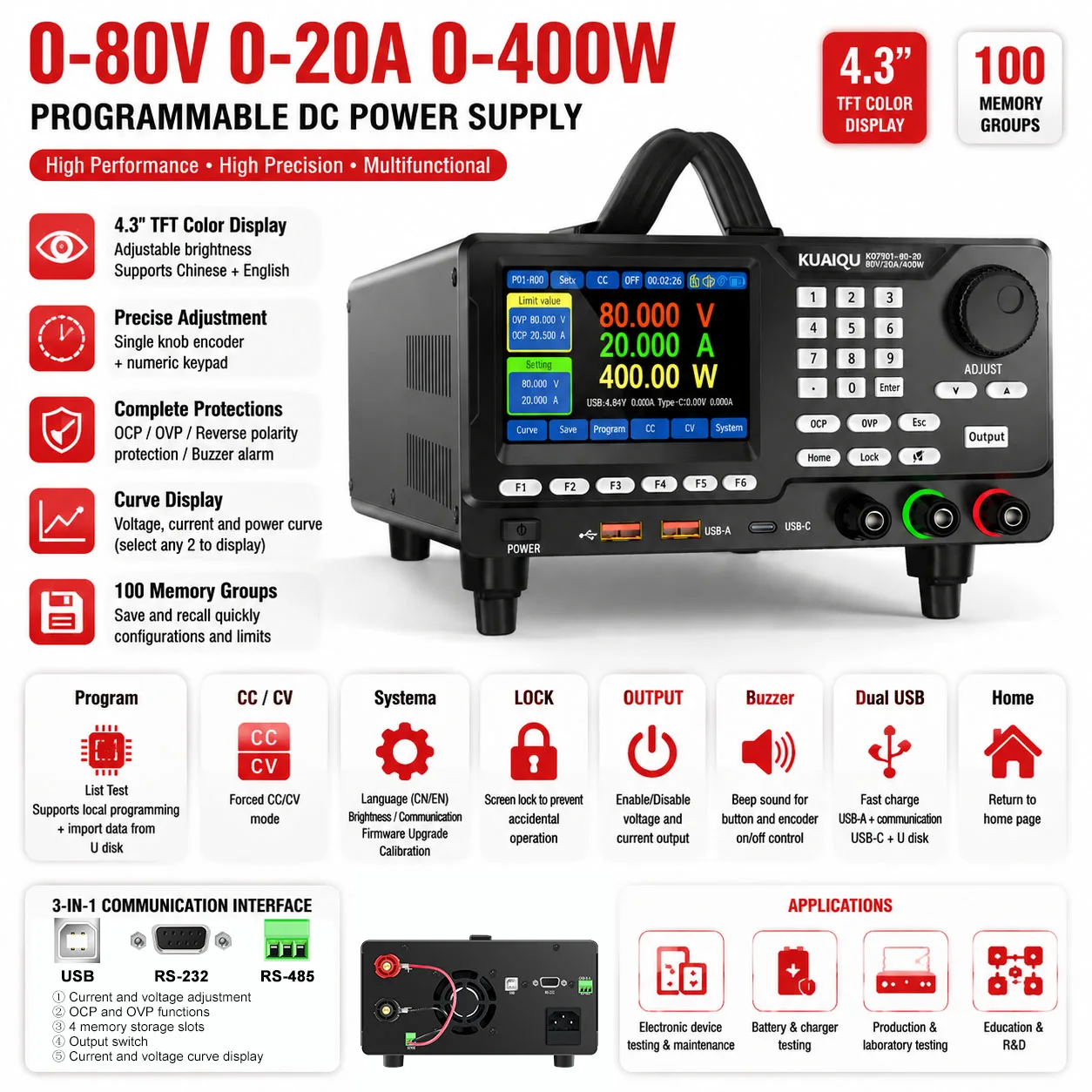 KUAIQU Program Lab DC Power Supply 80V 20A 400W Adjustable Voltage Stabilizer OCP/OVP/CURVE Bench Desktop Source RS232/RS485/USB