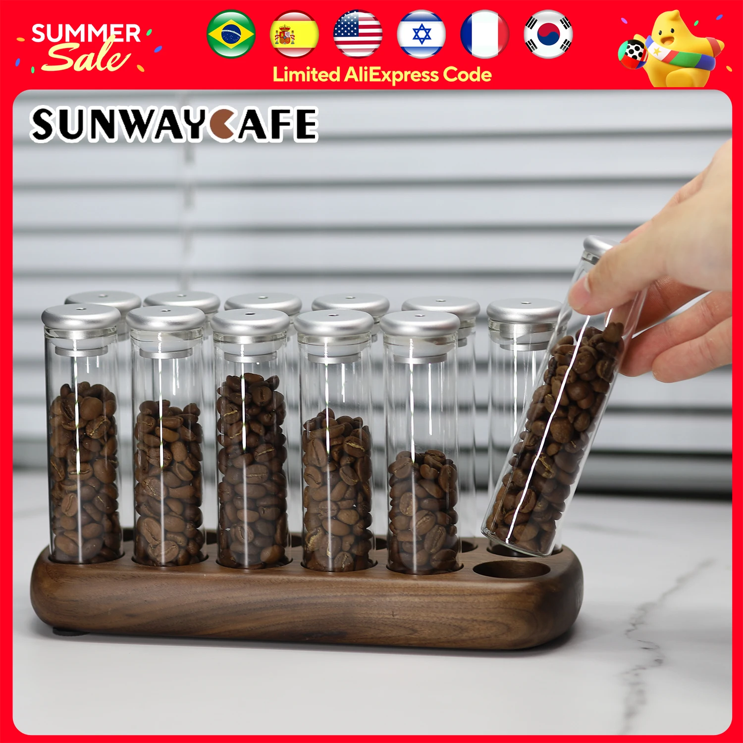 Coffee Beans Tea Display Rack Stand Creative Glass Test Tube Storage with Hopper 6/12 Tubes Glass Bottle Rack with Exhaust Valve