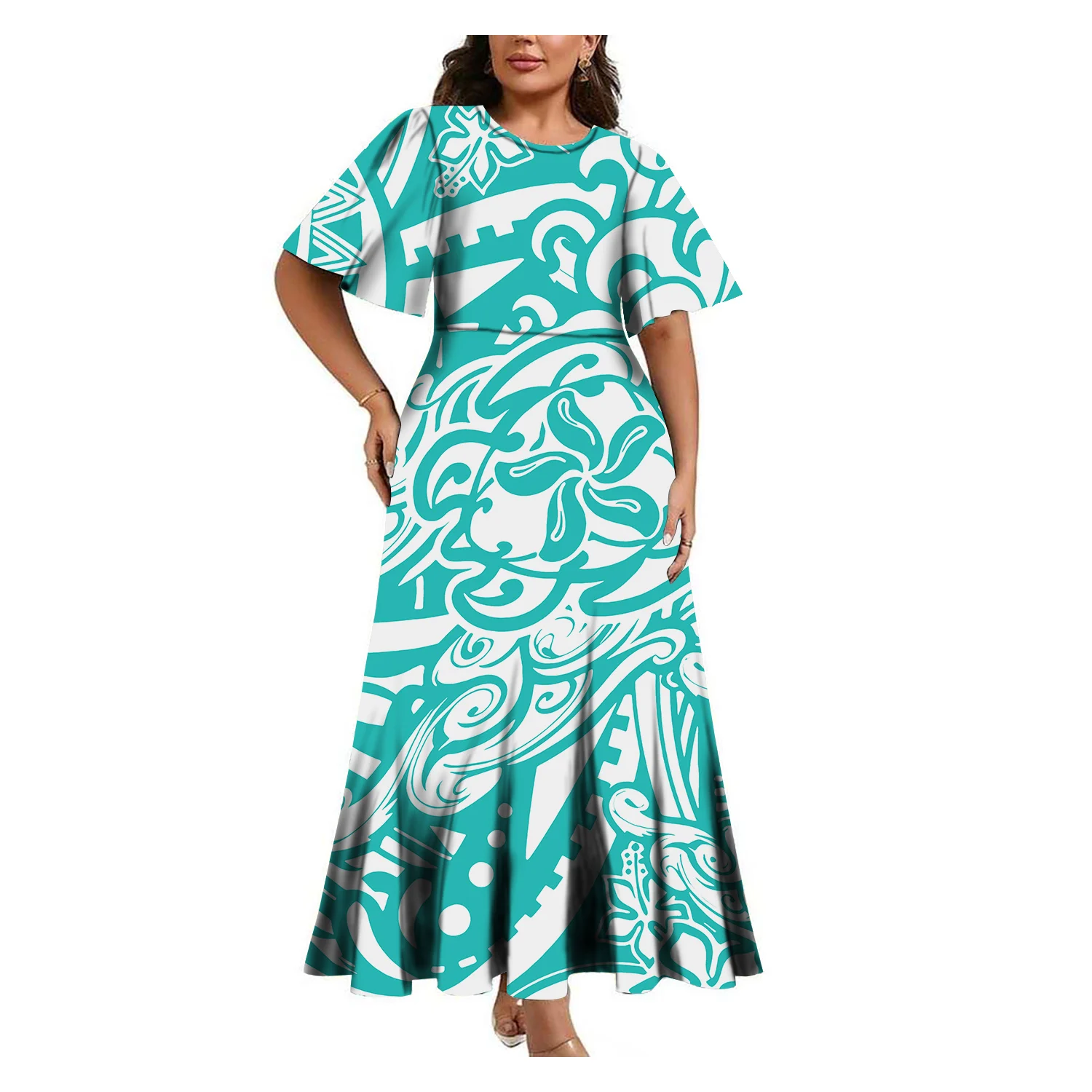 This High-End Fashionable And Elegant Polynesian Woman'S Dress Features A Cinched Waist Round Neck Mid-Sleeved And Loose Skirt