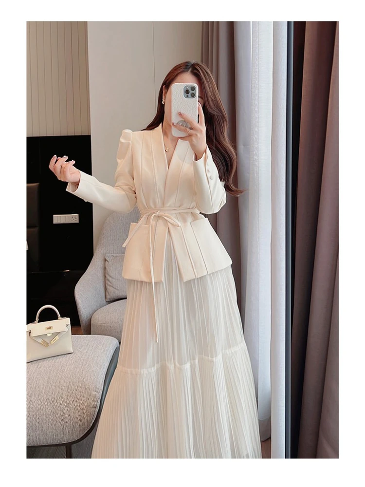 2023 New Spring Autumn Women Skirt Suit Elegant Korean Lace-Up Fashion Blazer + Long Mesh Skirt Casual Evening Party 2-Piece Set