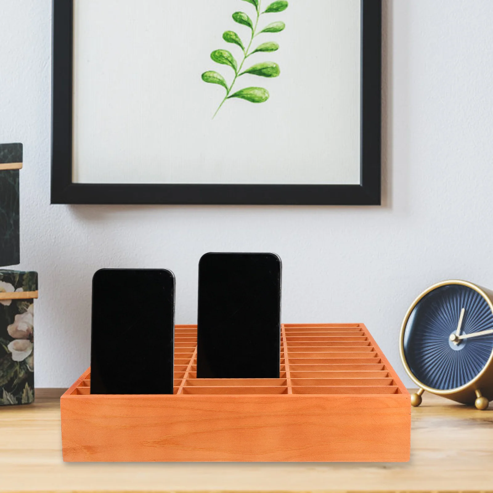 صندوق تخزين الهاتف الخليوي سطح المكتب الخشب المنظم مقصورات متعددة قلم رصاص الهواتف المحمولة عن بعد مقص آلة حاسبة USB