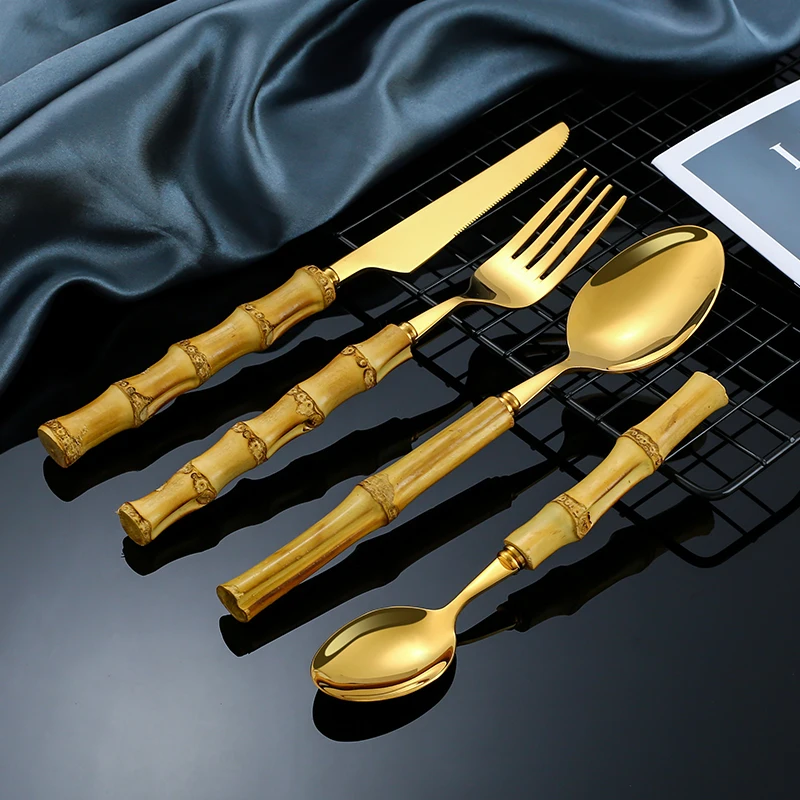 

Wholesale Bamboo Products Stainless Steel Flatware Sets Gold Spoon Fork Bamboo Handle Gold Cutlery Set