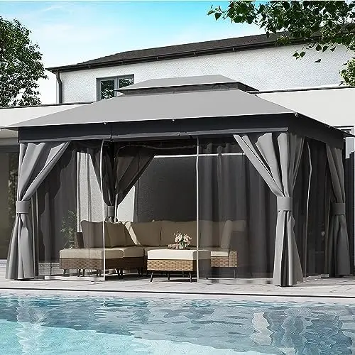 Patio Gazebo 10'x13', Outdoor Heavy Duty Party Tent Shelter with Double Roofs, Mosquito Nettings and Privacy Screens