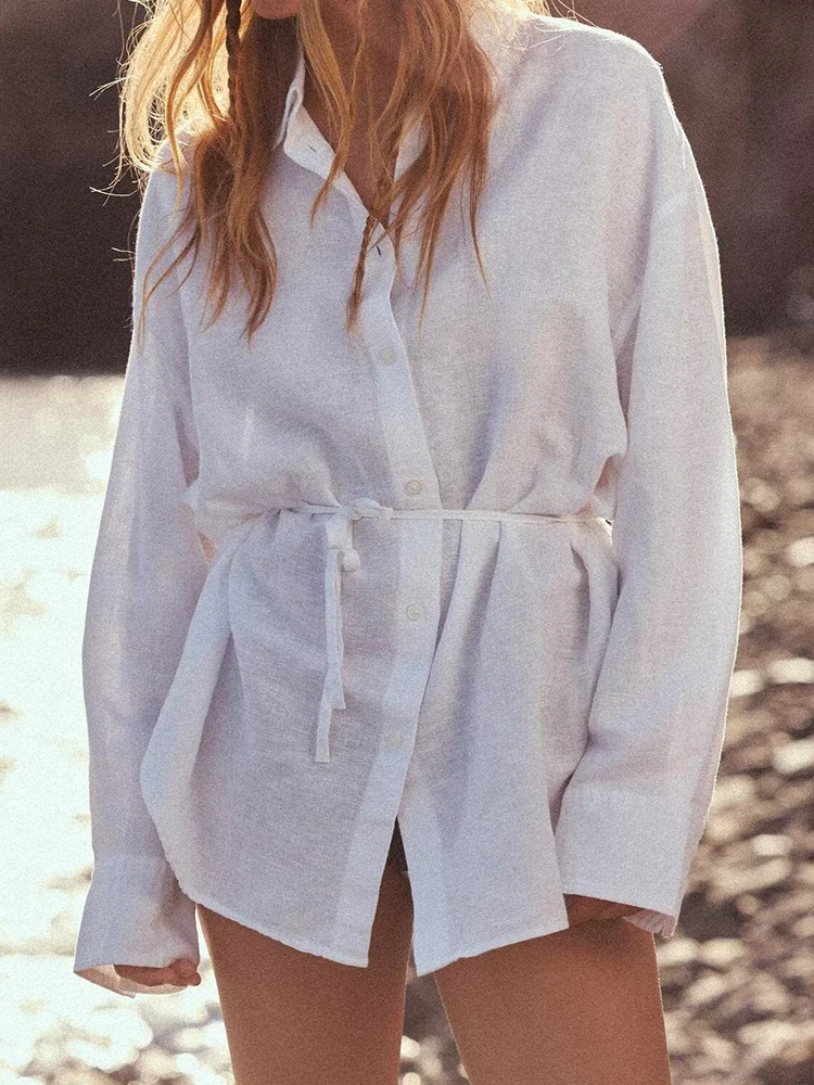 

European and American style women's clothing new fashion casual temperament simple lapel long sleeve linen loose shirt