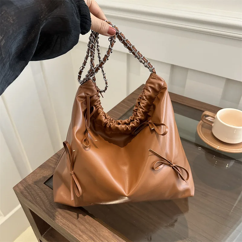 Large Capacity Retro Chain PU Bucket Bag Underarm Handbag 2024 New Summer Solid Color Leisure Bow Bucket Shoulder Bag