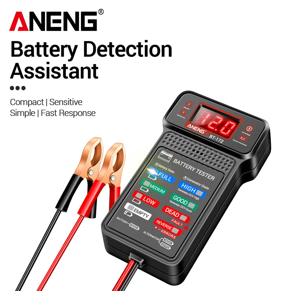 ANENG BT-172 12V Digital Battery Tester Car Battery Indicator with Alligator Clips LED Battery Status Indicator Electrician Tool