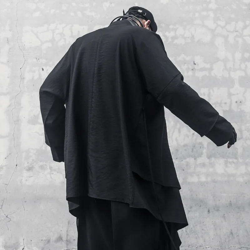 Niche Style Plus Size Cardigan Robe Coat Dark Men's Fake Two-Piece Mid-Length Baggy Coat