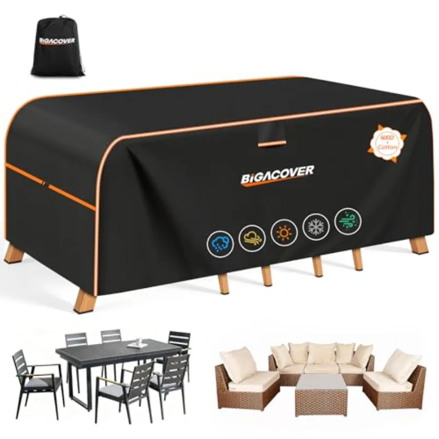 

Чехол для садовой мебели прямоугольный, водонепроницаемый, сверхпрочный, из ткани 600D и хлопка, для уличных прямоугольных обеденных столов и стульев.