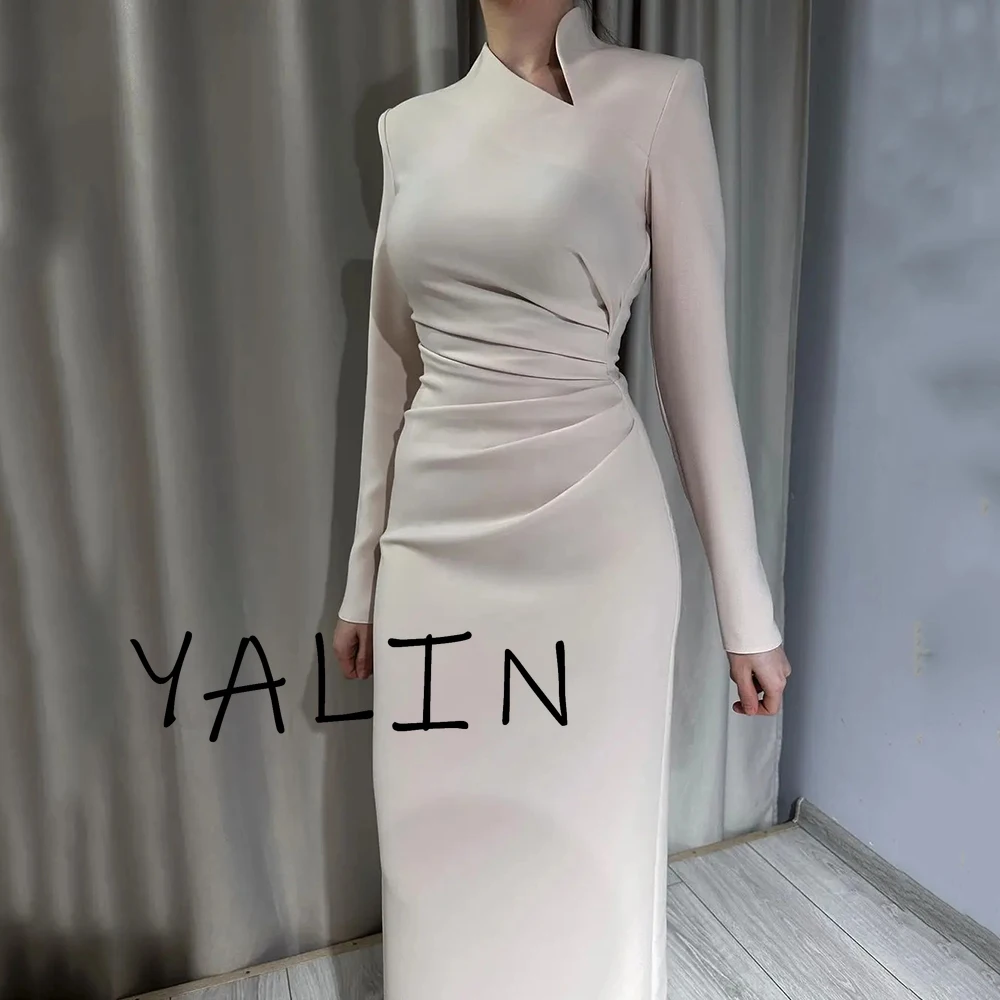 Customized Fashion High Quality Evening Dress White High Neckline Pleat Formal Dresses Ankle Length Long Sleeves Prom Gowns