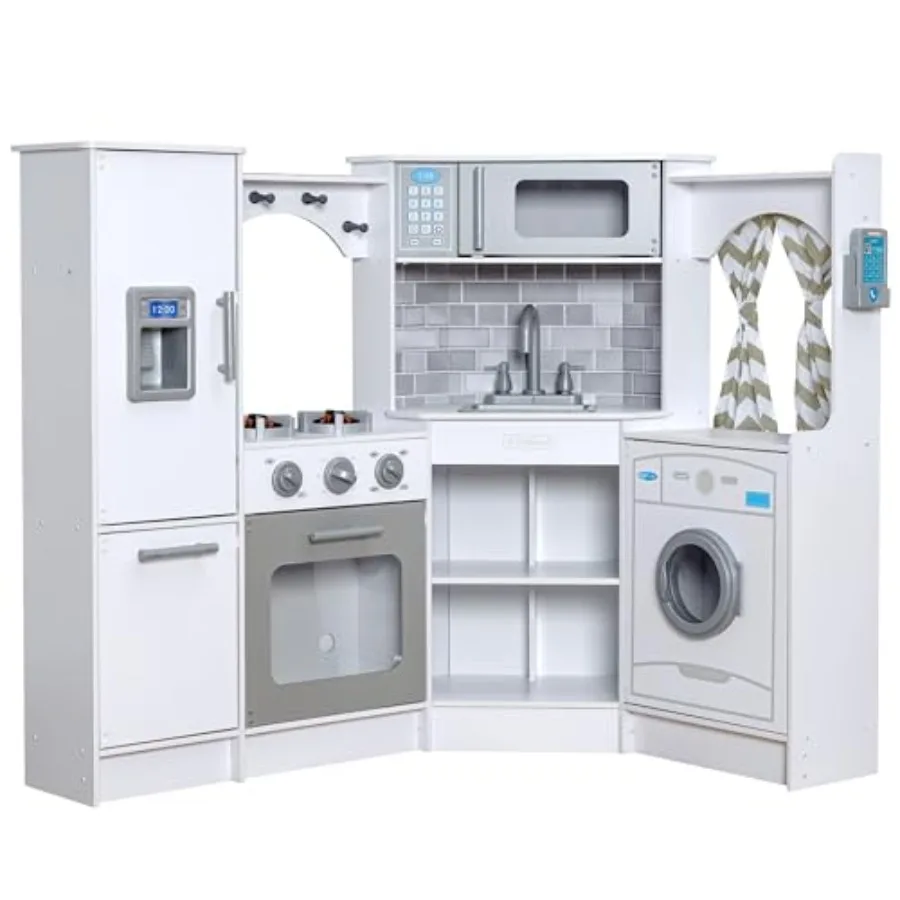 

Play kitchen for home use, white wooden corner design with lights, sounds, play phone and curtains