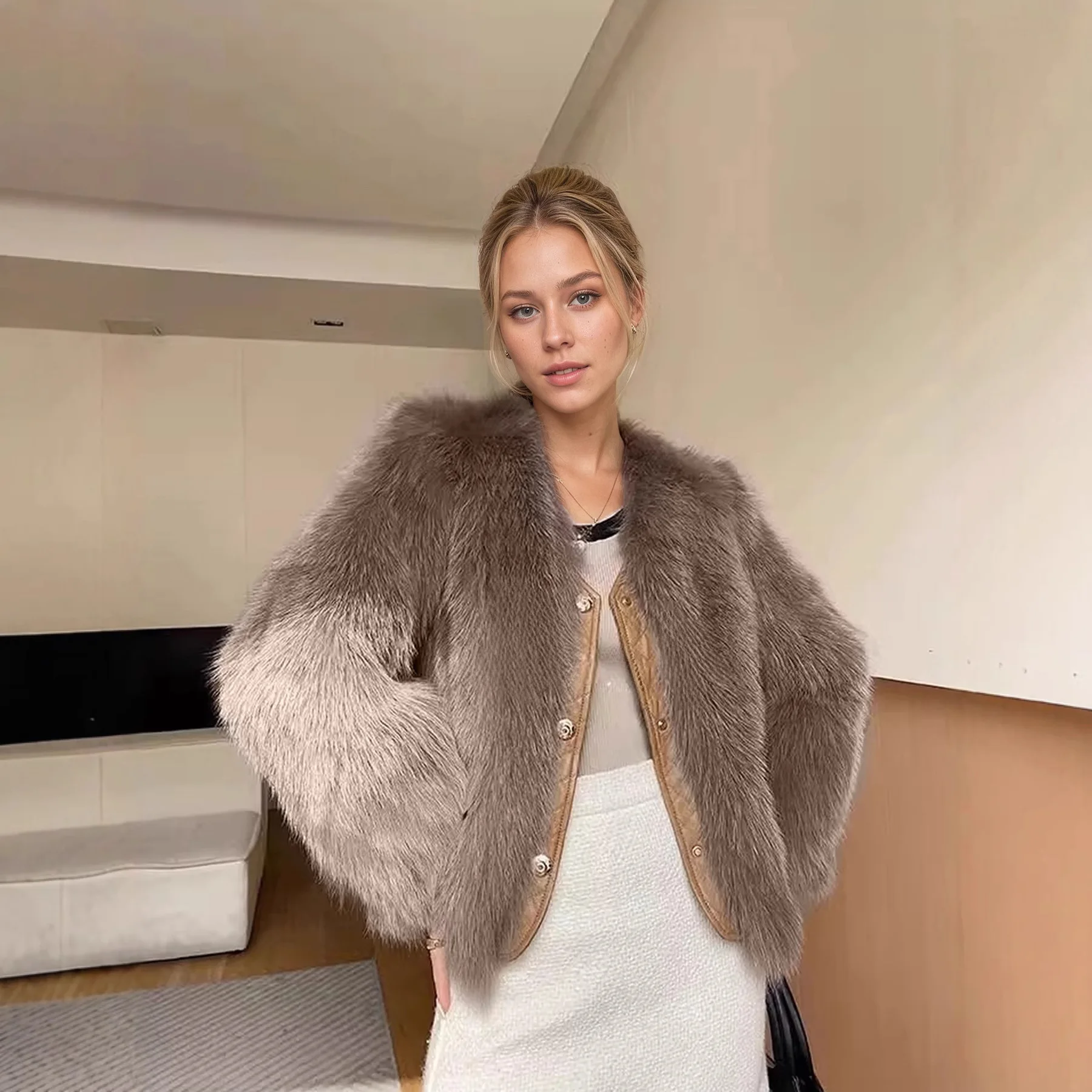 

Экологичное модное пальто из искусственного меха с V-образным вырезом в винтажном стиле, женская утепленная зимняя верхняя одежда из Китая